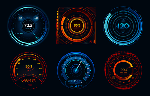Speedometer indicators. Power meters, fast or slow internet connection speed meter stages. Automobile digital odometer indicator display technology for racing game vector isolated icons concept set