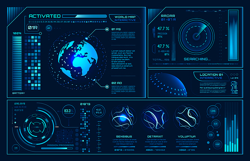 Futuristic hud interface. Future hologram ui infographic, interactive globe and cyber sky fi screen. Technology futurist car graphics interface display, vr game panel vector background illustration