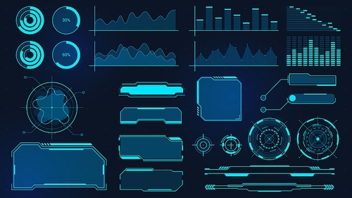 Cyberpunk graphs. Futuristic digital charts, bars, diagrams and frames for UI, HUD and GUI. Techno audio wave, border and button vector set. Display with data for computing, virtual game