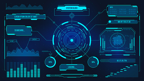 Digital user interface. Futuristic technology UI screen. Game car or spaceship dashboard. Analysis or control hologram panel vector display. Data chart, communication and computing
