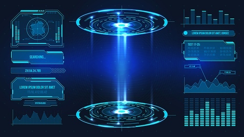 Futuristic platform. Hologram podium and digital data graphs and frames for product stand or game UI. Future technology sci fi vector stage. Virtual reality interface, product demonstration