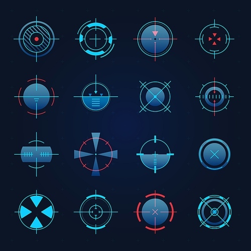 Futuristic aim. Spaceship or sniper weapon focus on target for game hud. Digital hologram crosshair, radar or camera viewfinder vector set, Accurate objective, military equipment circle