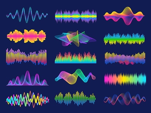 Audio frequency. Neon music sound waves for radio equalizer. Voice recognition for digital assistant. Volume graph line designs vector set. Analog and digital audio signal, bar motion