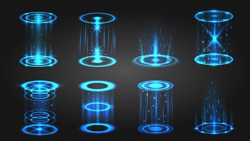 Futuristic hologram portal, magic teleport or level up effect. Glowing neon circle with light sparkles for game. Digital podium vector set. Illustration hologram futuristic circle, portal light