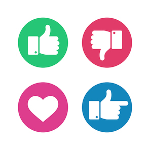 Thumbs up down sign. Point finger and heart icons in red and green circle. Social media love user reaction vector isolated buttons. Like and dislike gesture internet symbols