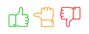 Thumbs up set. Green like red dislike and yellow undecided line icons. Thumb up and down vector outline hand, like dislike pointing gesture hands isolated web buttons sign