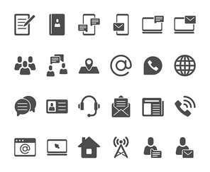 Contact icons. Telephone contacts silhouette, address book icon and email pictogram. website email letter address, phone chat and calendar black marker. Vector isolated symbols set