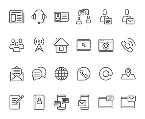 Outline contacts icons. Mobile phone contact icon, mailbox new email and line telephone address book. Radio or internet contacting smartphone mobile line button. Vector isolated symbols set