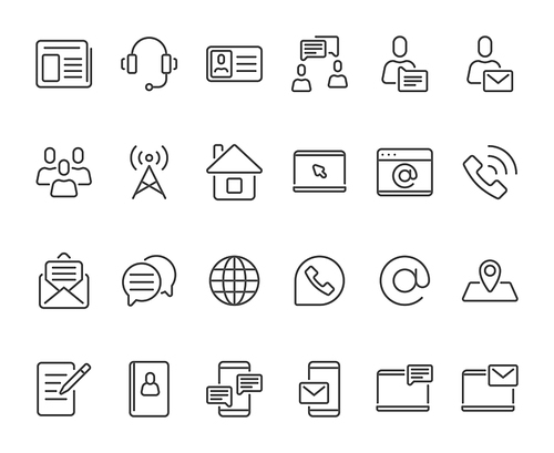 Outline contacts icons. Mobile phone contact icon, mailbox new email and line telephone address book. Radio or internet contacting smartphone mobile line button. Vector isolated symbols set