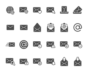 Mail envelope silhouette icon. Email inbox messages, office mailbox and sending emails silhouettes. Phone contact, email spam or social web letter connect symbol. Vector isolated icons set