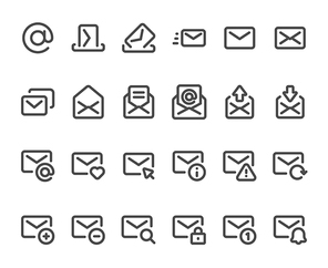 Outline mail icon. Mailbox envelope, email inbox messages and line mails. Mailings envelope lined web download, delete or new message button interface. Isolated icons vector set