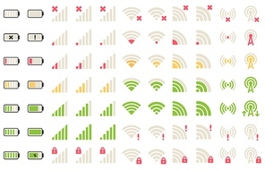 Mobile level icons. Network signal, wifi connection and battery levels icon. Gadgets batteries, phone signals pictogram or wifi status charger bar. Isolated symbols vector set