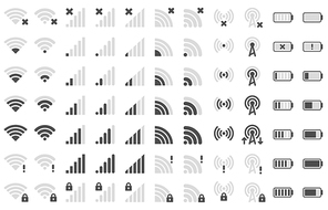 Mobile phone bar icons. Smartphone battery charge level, wifi signal strength icon and network connection levels pictogram. Device power indicating or batteries bar. Isolated symbols vector set