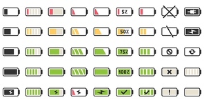 Battery charge icons. Powered indicator, charging empty batteries and low battery power icon. Smartphone charge level indicating or laptop battery status. Isolated vector signs illustration set