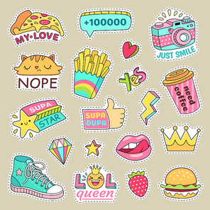 Fashioned girl badges, cute stripes and cartoon patches. Teenage fun doodle badge with hipster fashion sneakers, cute food and camera colorful yellow cyan pink icon vector isolated symbol stickers set