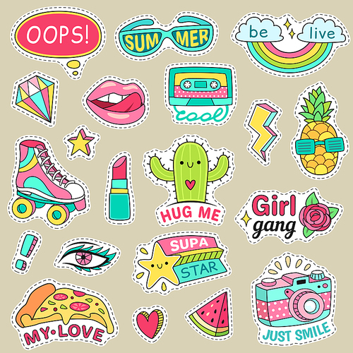 Fun fashion teenage stickers. Cute cartoons patches food rainbow retro stuff and motivation words doodle icon for teenager happy girl. Sticker pack colorful badges vector illustration isolated set