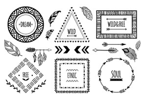 tribal frames. american indian ethnic frame, bohemian aztec  or tribals fashion border. arrow feather and herb floral ornate hipster traditional isolated vector icons illustration set