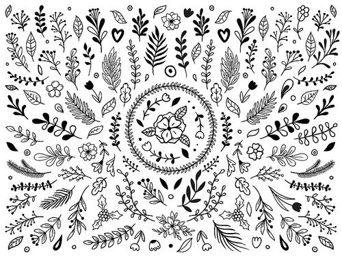Hand drawn flowers ornament. Ornamental sketch flourish flower. Vintage floral ornaments or plant leaf decor painting. Laurel wreath leaves isolated vector elements set