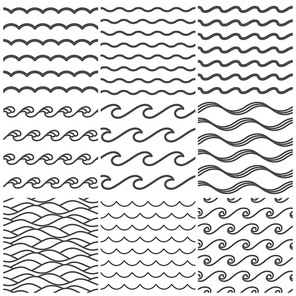 Seamless water waves pattern. Sea wave, ocean waters and wavy lake. Aqua patterns vector background, abstract water ripple. Marine curve line shape isolated symbols collection