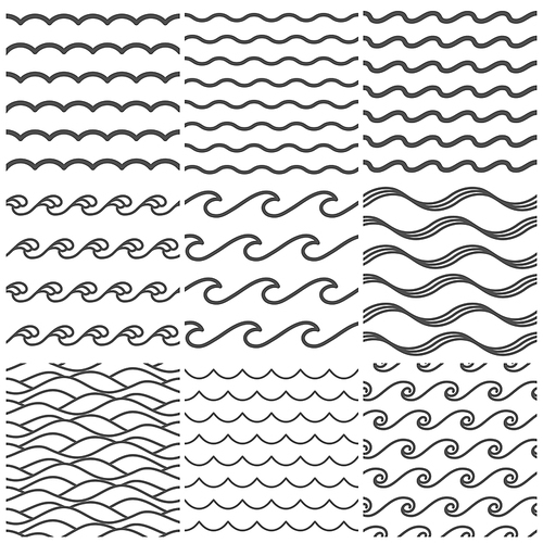 Seamless water waves pattern. Sea wave, ocean waters and wavy lake. Aqua patterns vector background, abstract water ripple. Marine curve line shape isolated symbols collection