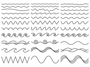 Wavy lines. Wiggly border, curved sea wave and seamless billowing ocean waves. Wiggle parallel waves, squiggle horizontal wave border. Vector illustration isolated icons set