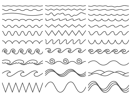 Wavy lines. Wiggly border, curved sea wave and seamless billowing ocean waves. Wiggle parallel waves, squiggle horizontal wave border. Vector illustration isolated icons set