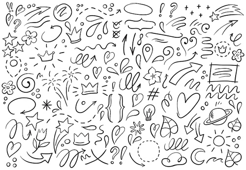decorative hand drawn shapes. outline crown, doodle pointer and heart . doodles lines elements, ink line arrow and flower calligraphy sign sketch. isolated vector illustration symbols set