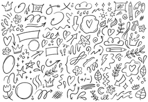 Decorative doodles. Hand drawn pointing arrow, outline shapes and doodle frames. Ink signs decoration ornament, line curved arrow, heart and circle sketch isolated vector illustration symbols set