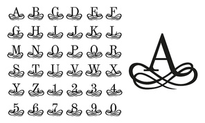 Filigree monogram letters. Vintage logo letter, decoration ornament numbers and ornamental curls alphabet. Renaissance abc font or ancient antique letters. Isolated vector illustration symbols set