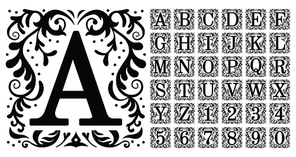 Vintage monogram letters. Decorative ornamental ancient capital letter, old alphabet monograms and filigree ornament font. Renaissance or victorian engraved initial abc. Isolated vector symbols set