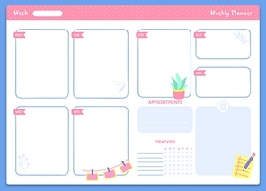 Weekly planner template. Appointments and tracker sections and trendy lettering. Organizer or schedule for notes and week days. Calendar for studying or work plans vector illustration