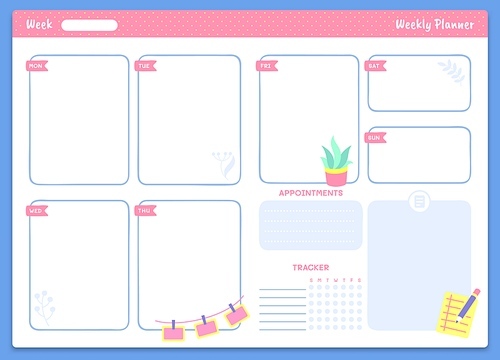 Weekly planner template. Appointments and tracker sections and trendy lettering. Organizer or schedule for notes and week days. Calendar for studying or work plans vector illustration