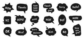 textured speech bubble. doodle drawn balloons with chat dialog words for online message comments vintage talk s vector set with phrases as thank you, sorry, hello,  for communication