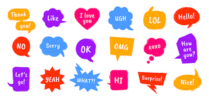 retro speech bubbles. comic talk balloons, thinking clouds for chat messages, dialog s. discussion sounds in vintage style vector set. hand drawn short phrases thank you, i love you, ok and no.