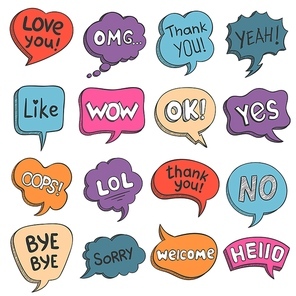 speech bubbles. colorful doodle comic balloons with talk phrases thank you, love, like, hello and omg. cartoon message text cloud vector set. s for communication, conversation