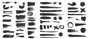 Brush strokes. Grunge textured black paint lines, circles and crosses. Distress ink shapes, blobs and curves. Dirty stain brushes vector set. Blob paint, scribble texture ink illustration