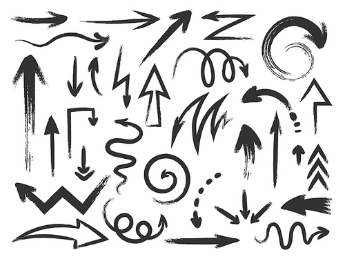 Grunge arrow. Rough textured zig zag arrows and curved direction pointers. Doodle paint stroke and sketch scribble arrow brushes vector set. Illustration rough ink brush, drawing paintbrush