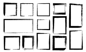 Grunge frames. Dirty borders with black paint brush strokes. Ink rectangle edges with distress texture. Rough line sketch squares vector set. Illustration banner frame messy texture collection