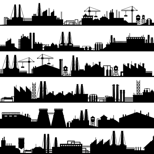 Factory construction silhouette. Industrial factories, refinery panorama and manufacture buildings skyline. Manufacturing industry, oil plant or environment refineries vector illustration set