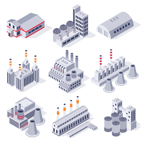 Isometric factory buildings. Industrial power plant building, factories warehouse storage and industry estate. Manufacturing industry, plant architecture exterior 3D vector isolated icons set
