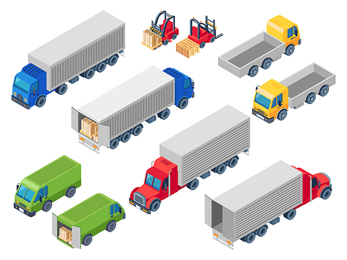 Trucking logistic isometric trucks. Loading truck, cargo container transportation lorry and trailer loader. Van cars or warehouse transportation. 3d vector isolated symbols illustration set