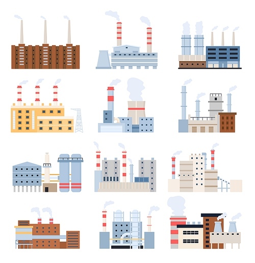Manufacturing factory. Industrial building, electricity station, nuclear power plant and chemical chimney. Factories vector set building industrial, manufacturing construction illustration