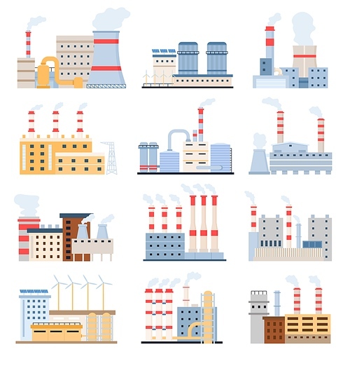 Factory buildings. Eco power plants with solar panels and windmill, chemical manufacturing and industrial complex. Flat factories vector set. Illustration factory industrial, power manufacturing