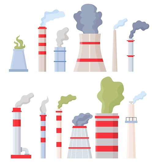 Factory chimney with smoke. Manufacturing pipes with toxic chemical fumes, environment and air pollution. Stack with dirty steam vector set. Illustration power factory, architecture tower smoke