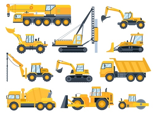 Construction machines. Heavy machinery for build, excavator, bulldozer, truck, tractor and crane vehicle. Building equipment vector set. Equipment bulldozer vehicle, tractor machine to construction
