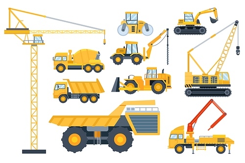 Construction heavy equipment. Crane and building machinery, road roller, excavator, tractor, cement mixer truck and drill machine vector set. Illustration engineering and hydraulic heavy equipment