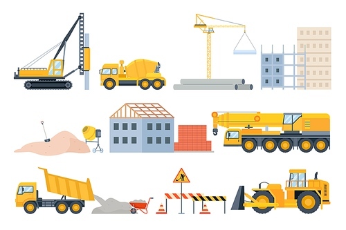 Construction site elements. Material piles, sand and pipes, brick building and machinery. Cement mixer truck, bulldozer and crane vector set. Illustration construction site, stone heap and pipe