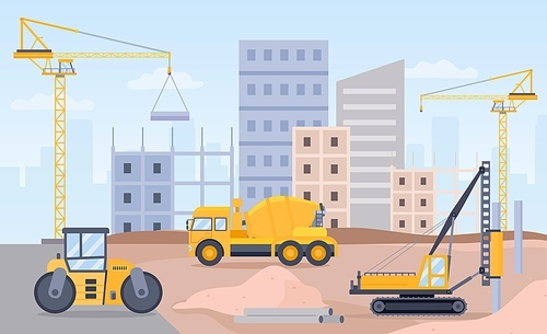 Construction site. Landscape of building process with crane, bulldozer, excavator and concrete mixer machine. City build flat vector concept. Construction industry, development building illustration