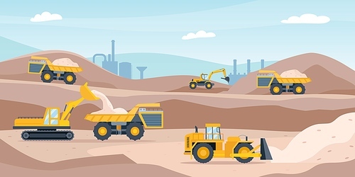 Quarry landscape. Sand pit with heavy mining equipment, bulldozer, digger, trucks, excavator and factory. Open mine industry vector concept. Pit sand and excavator with heavy machinery illustration