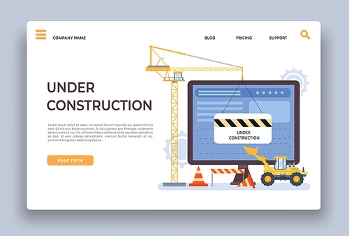 Website under construction. Landing page of developing site with crane, bulldozer barrier. Webpage building work process vector template. Illustration website maintenance, internet page in progress